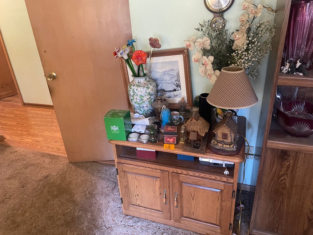 Wooden End Table and Decorative Items