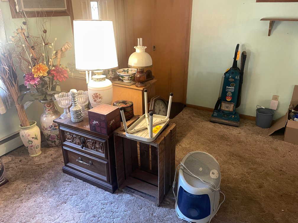 Wooden End Table and Assorted Household Decor