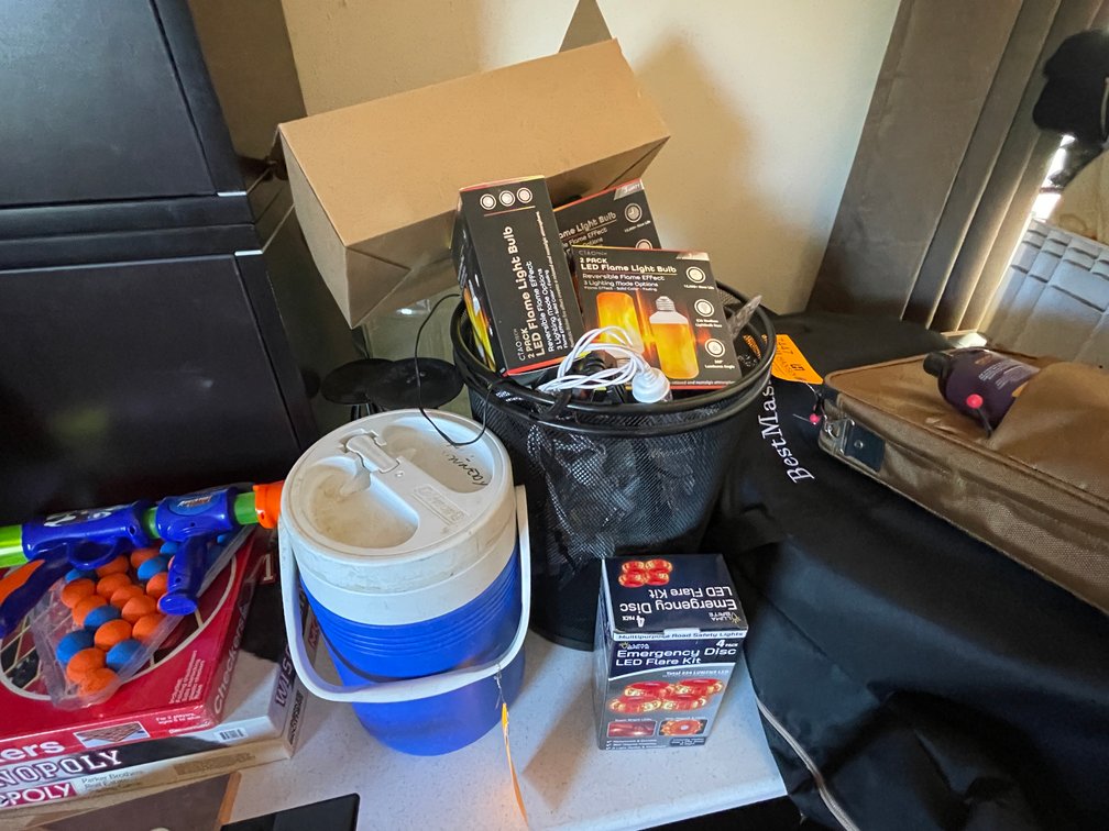 (2) Garbage Cans, Lights, Water Jug and More