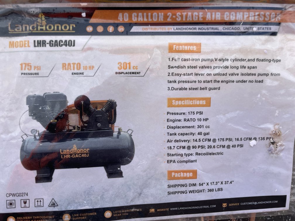LandHonor 40 Gallon 2 Stage Gas Air Compressor