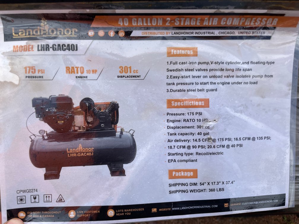 LandHonor 40 Gallon 2 Stage Gas Air Compressor