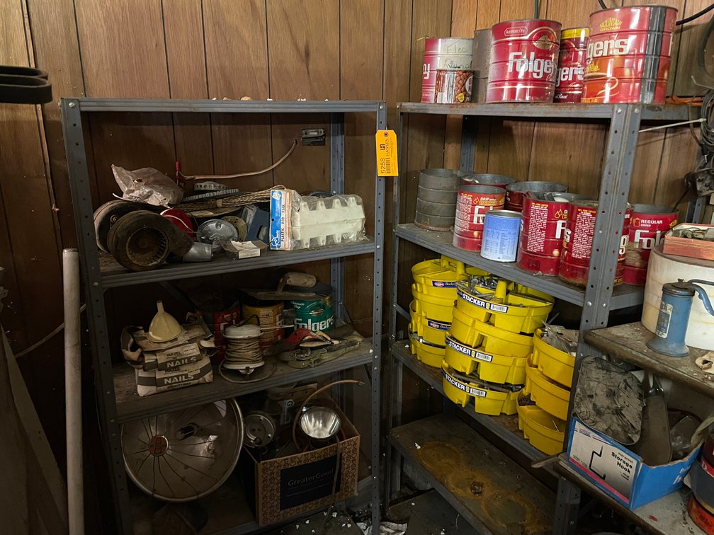 (2) Metal Shelving Units and Shop Supplies
