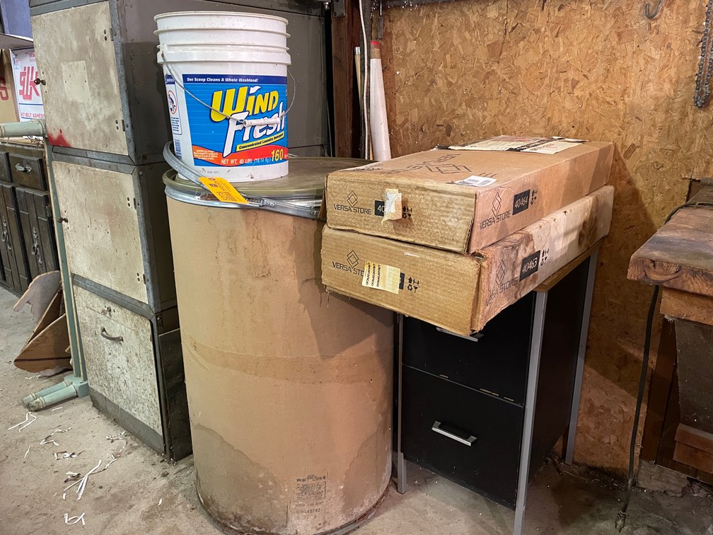 (2) Versa Store Easy Mount Shop Cabinets and Cardboard Barrel