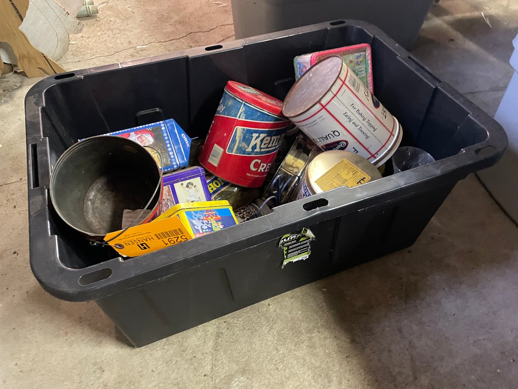 Tote of Various Empty Tins