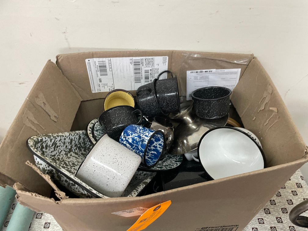 Box of Various Enamel Cookware
