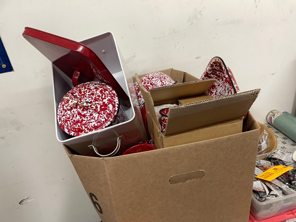 Box of Various Enamel Cookware