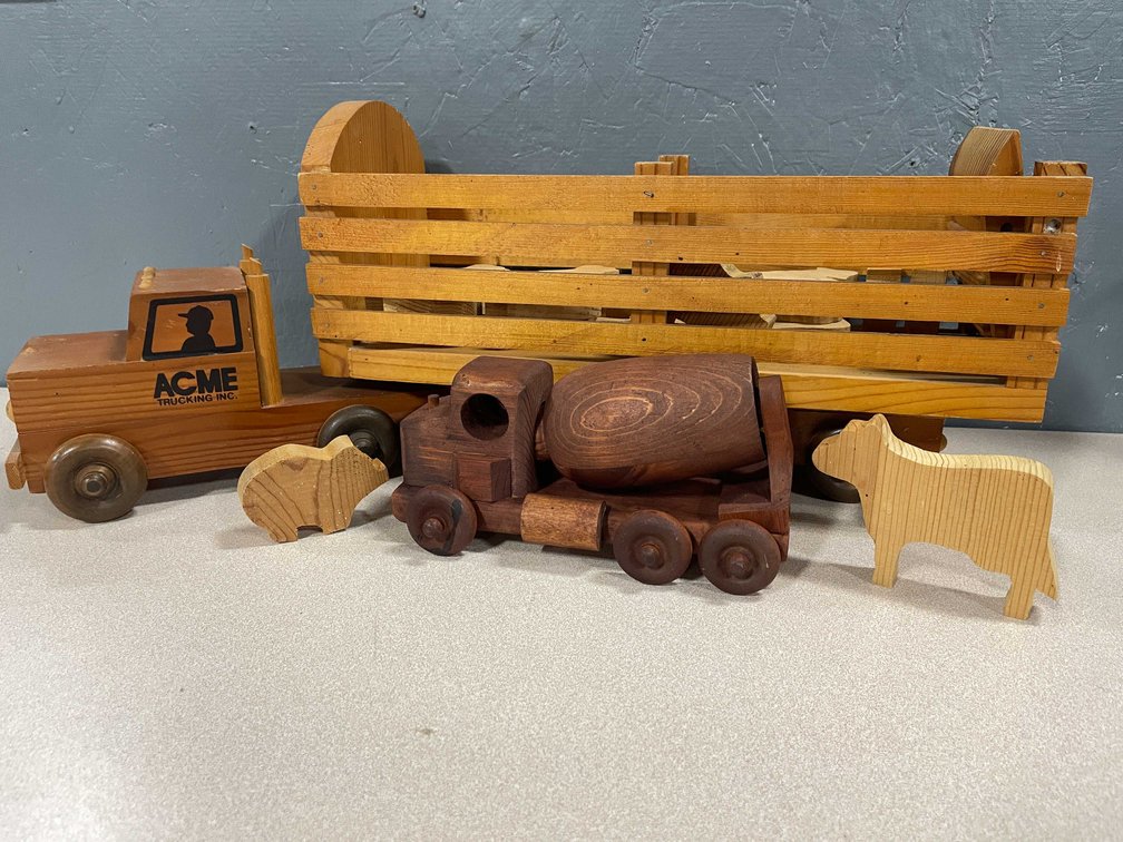 Handcrafted Wooden ACME Semi and Livestock Trailer Set (T5)