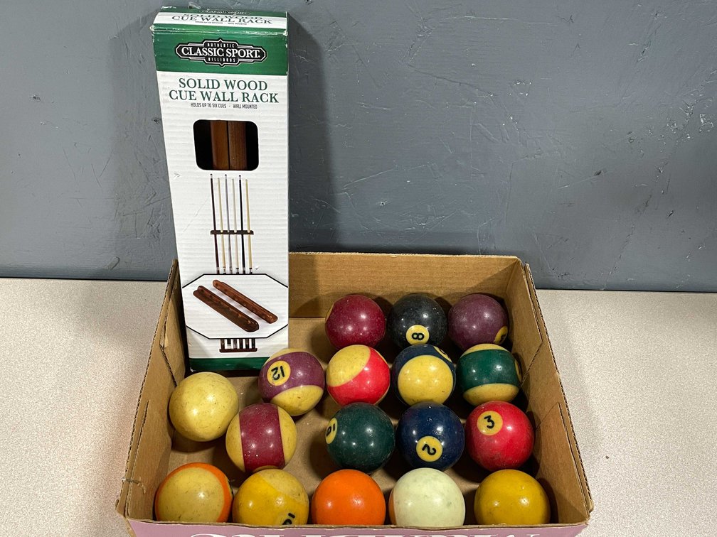 Vintage Pool Ball Set and Wood Wall Cue Rack (T5)