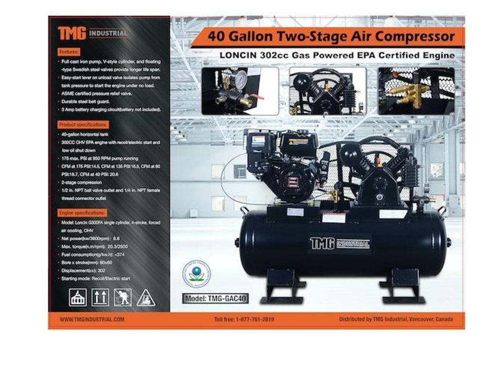 40-Gallon 2-stage 9HP 302cc Engine Air Compressor (H)