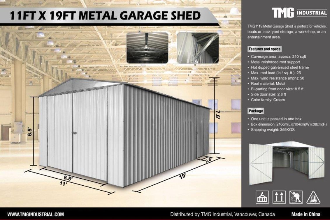 11ft x 19ft Metal Garage Shed with Swing Door and Side Entry Door (H)