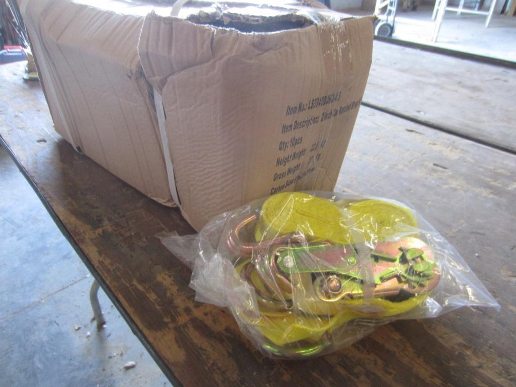 (New) Box of (10) 2 inch wire hook ratchet straps with (4) axle straps, (Downing, WI)