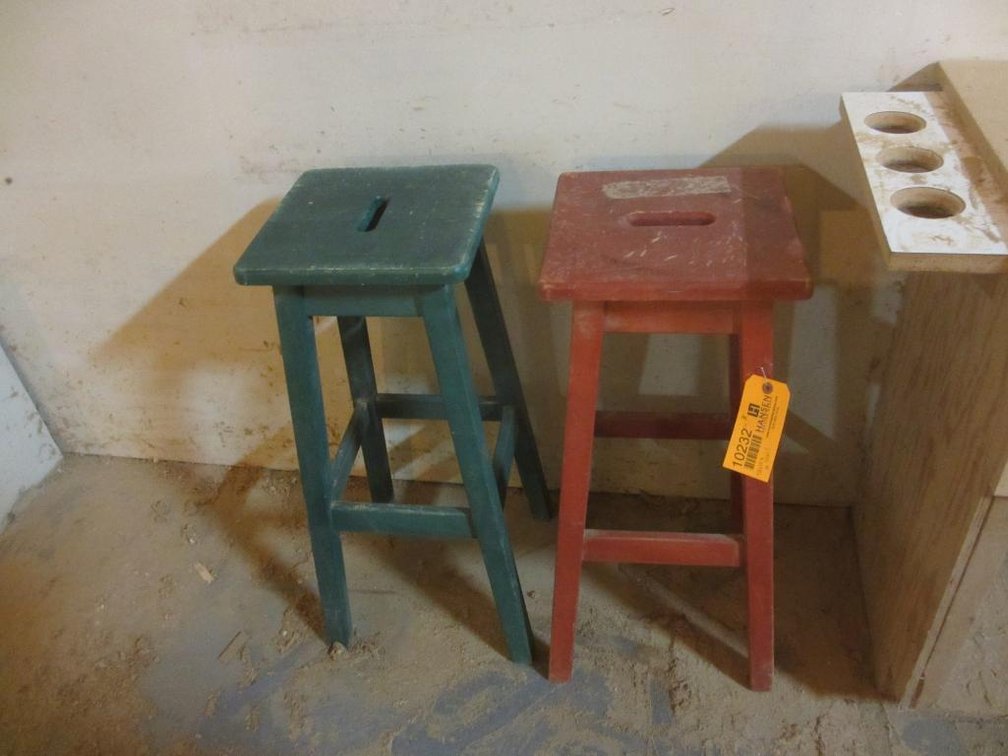 (2) Wooden Stools and Shop Work Bench