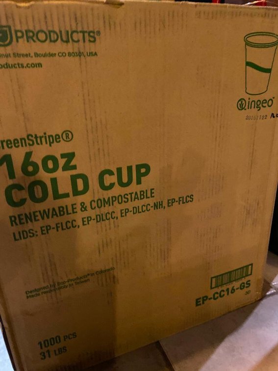 Sealed Case Of (1,000)  16 Oz Green Stripe Compostable Plastic Cups