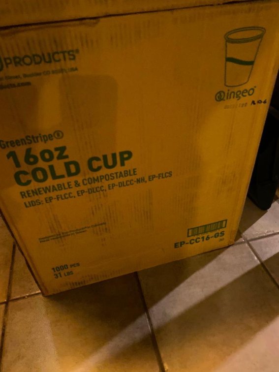 Sealed Case Of (1,000)  16 Oz Green Stripe Compostable Plastic Cups