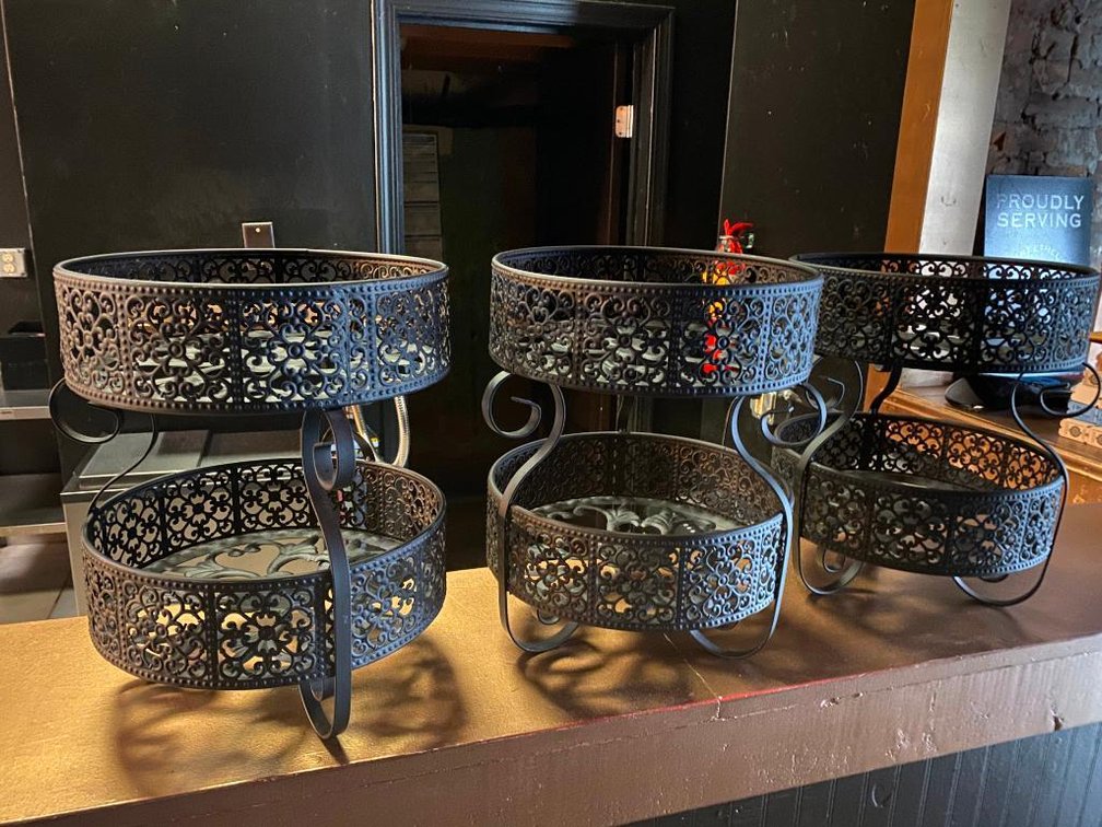 Set Of Three 2-Tiered Display Ornate Black Metal Baskets