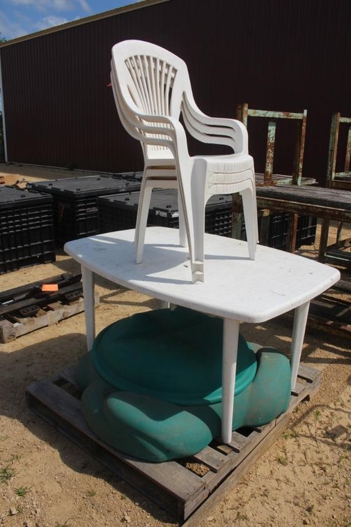PLASTIC TABLE, (3) PLASTIC CHAIRS AND A KIDS SANDBOX