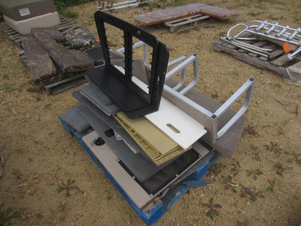 Pallet of Carpeted Marine Floor Panels and Portable Carpeted Benches