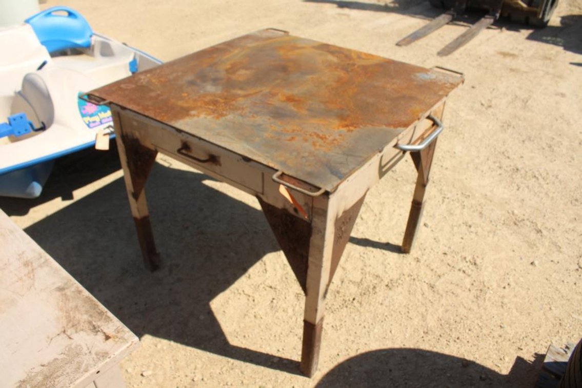 STEEL SHOP TABLE WITH DRAWER CONVERTED INTO A WELDING TABLE WITH EXTRA STEEL TOP
