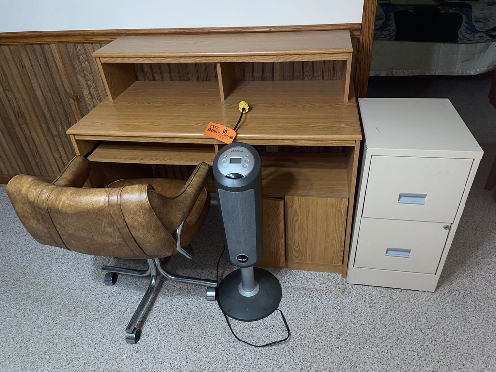 Computer Desk, Office Chair and Heater