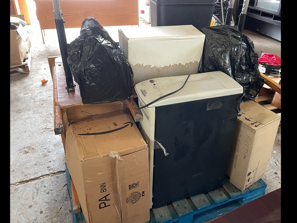 Pallet of a Wooden Desk, a Table, Fellowes Shredder, and More (A)