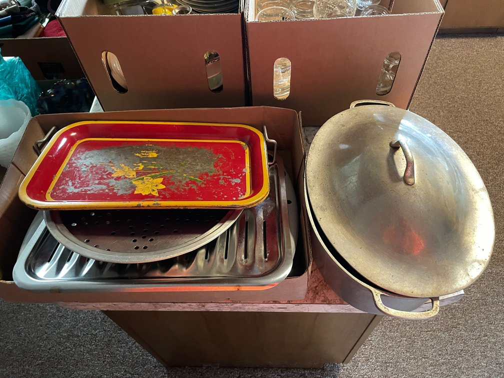 (2) Tin Trays, Super Maid Cookware Pot, and More