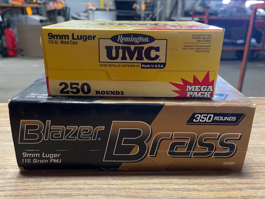 (250) Rds. Remington 9mm Luger, (350) Rds. Blazer Brass 9mm Luger (Neenah, WI)