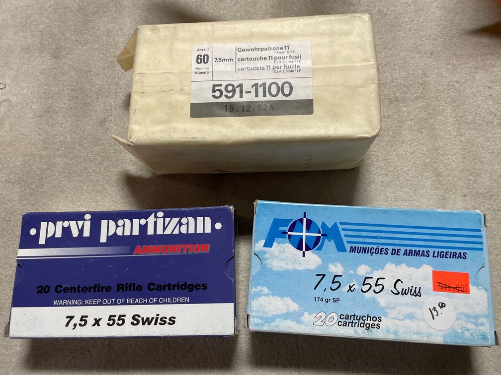 (20) Prvi Partizan 7.5 x55 Swiss, (20) Rds. FOM 7.5 x55 Swiss, (60) 7.5mm Unknown Brand (Neenah, WI)