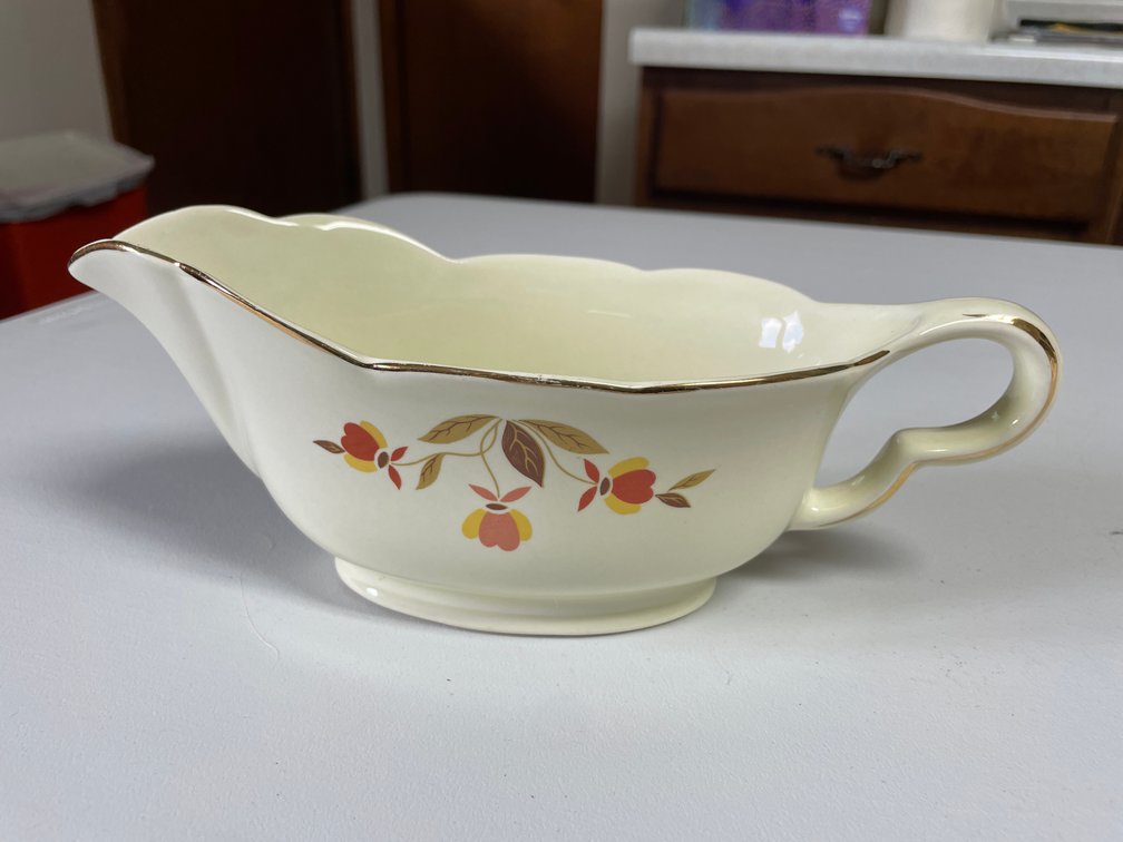 Hall Jewel Tea Autumn Leaf Gravy Boat Ruffled-D
