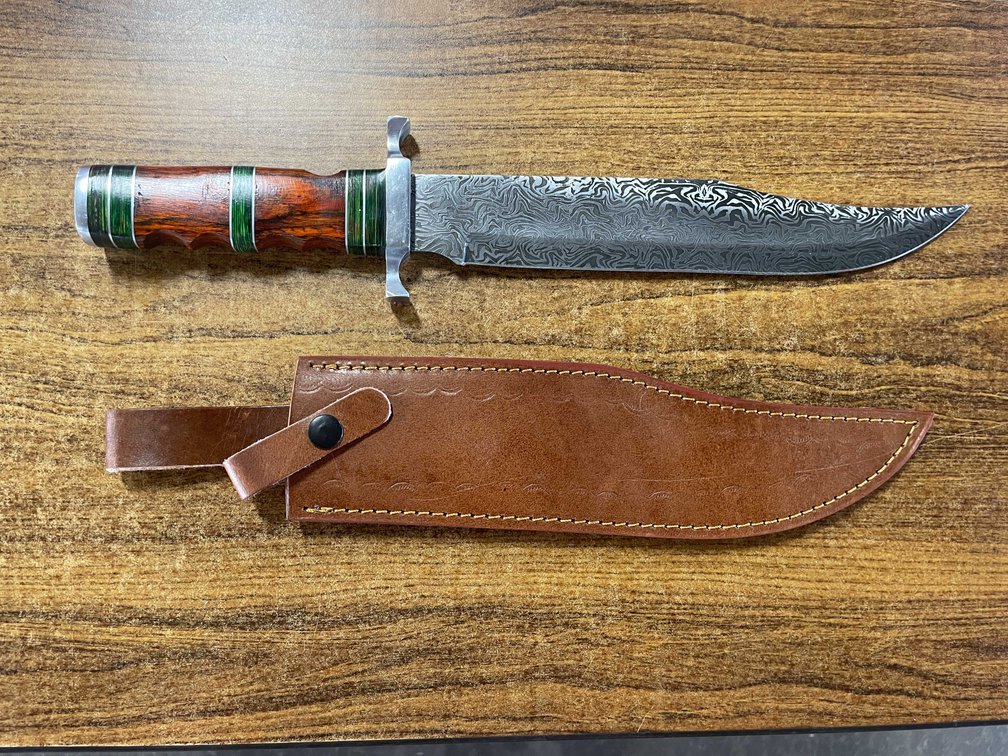Large Damascus Knife With Sheath Green And Brown Wooden Handle (T6)
