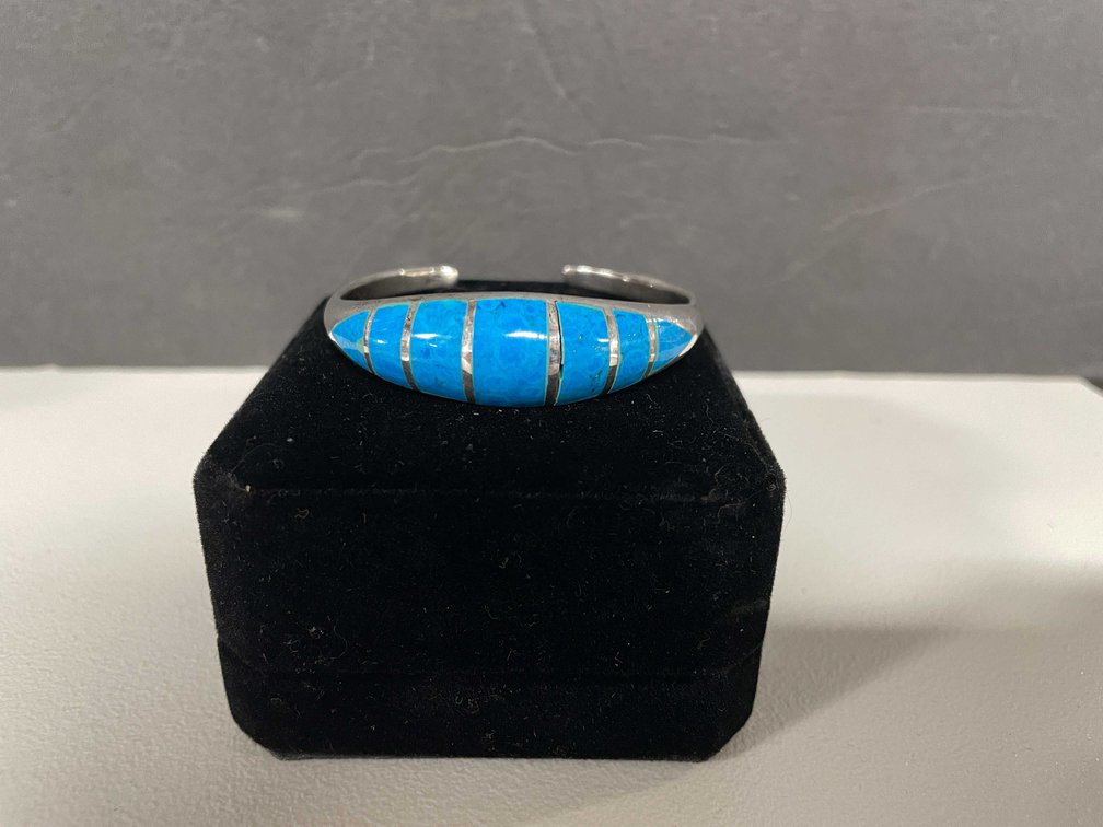 Vintage Sterling Silver Bracelet Inlaid Turquoise Mexico (FR1)