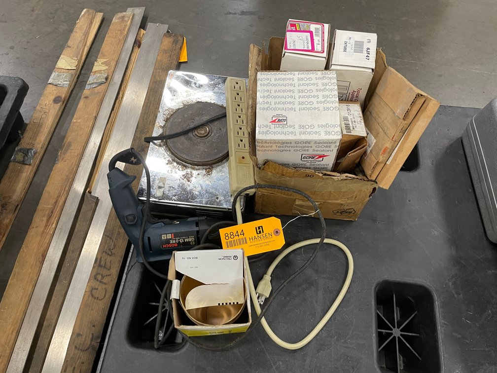 Assorted Concrete Anchors, Hot Plate, and Bosch Corded Drill
