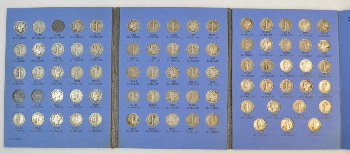 96% Complete Set of Mercury Dimes, 1916 - 1945, 74 Coins