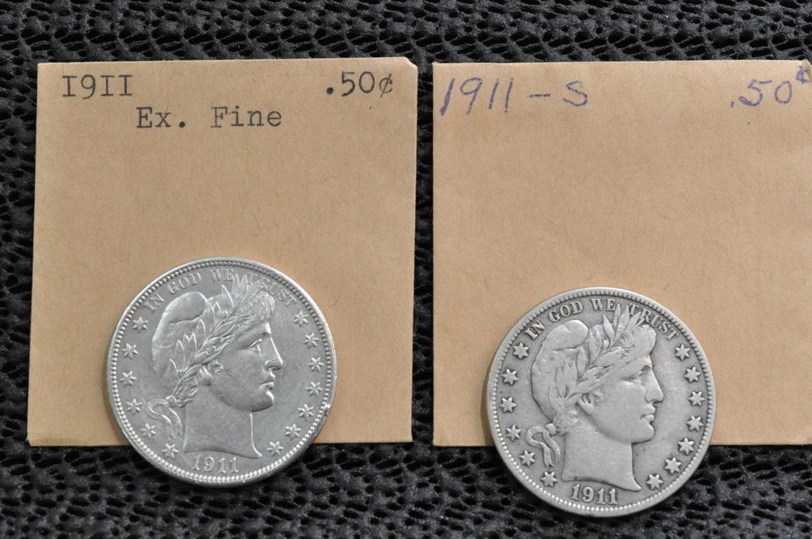 (2) 1911 Barber Half Dollars, 1911 & 1911-S