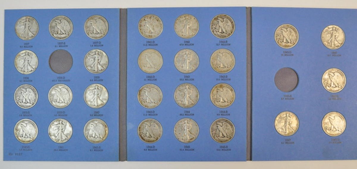 94% Complete Set of Walking Liberty Half Dollars, 1937 - 1947, 28 Coins
