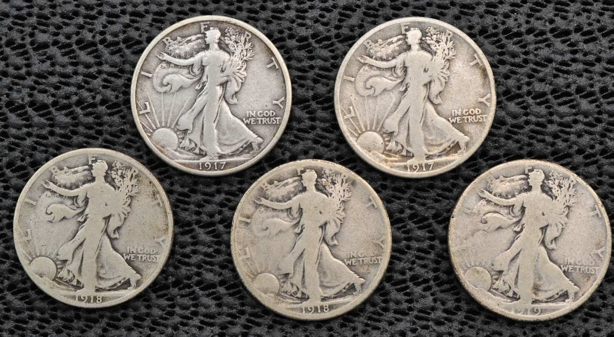(5) Walking Liberty Half Dollars, 1917 - 1919