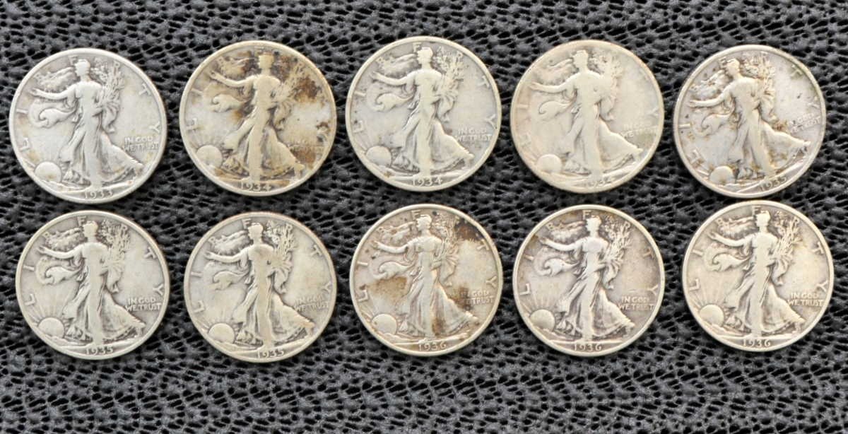 (10) Walking Liberty Half Dollars, 1933 - 1936
