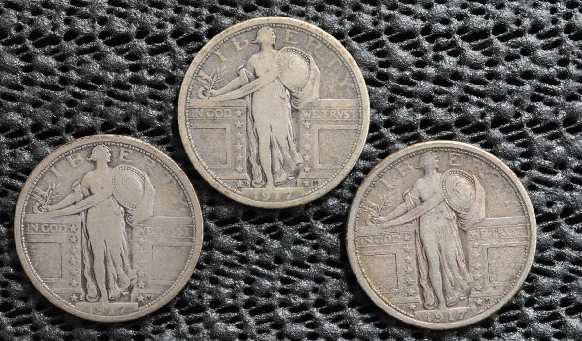 (3) 1917 (P, D, S Mints) Standing Liberty Quarters, Var. 1