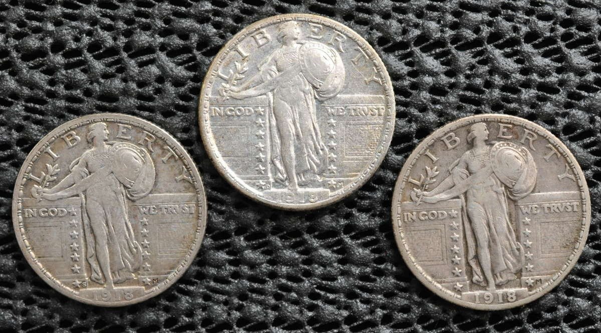 (3) 1918 (P, D, S Mints) Standing Liberty Quarters