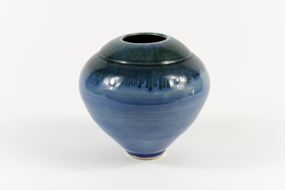 Hand Made Ceramic Pot with Blue Flowing Glaze