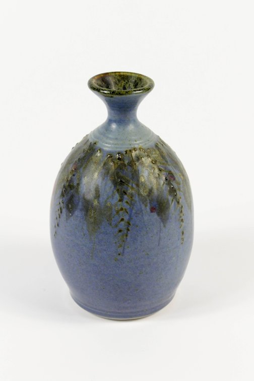 Blue Ceramic Bud Vase with Leaf and Berry Design