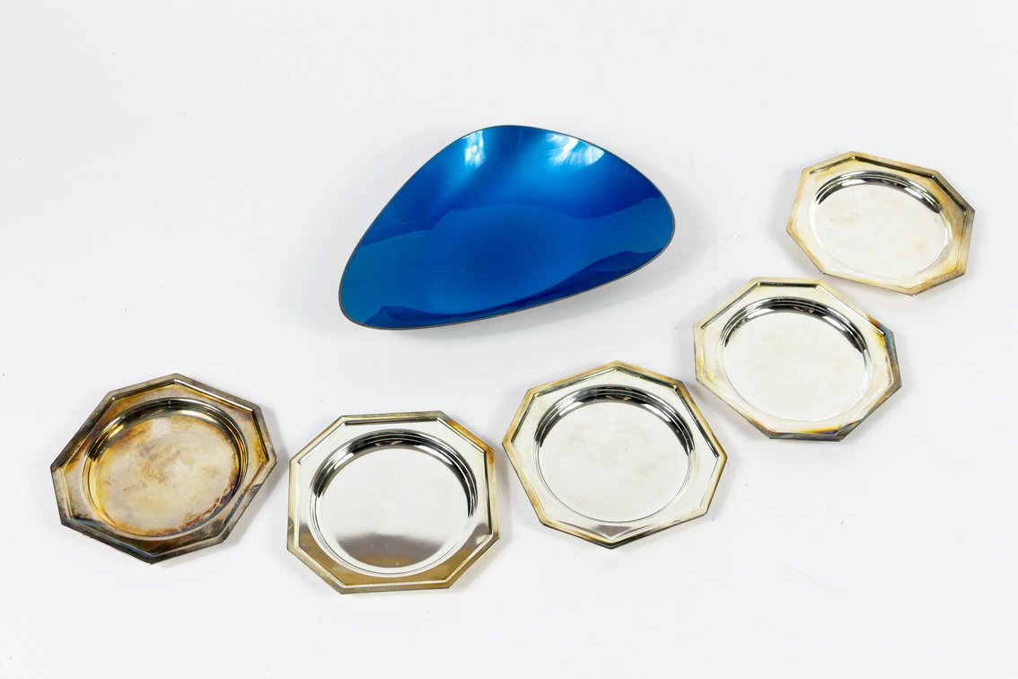 Reed and Barton Mid Century Modern Blue Enamel and Silverplate Dish and Godinger Silverplate Coasters