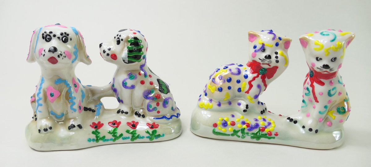 Colorful Ceramic Cat and Dog Figurines