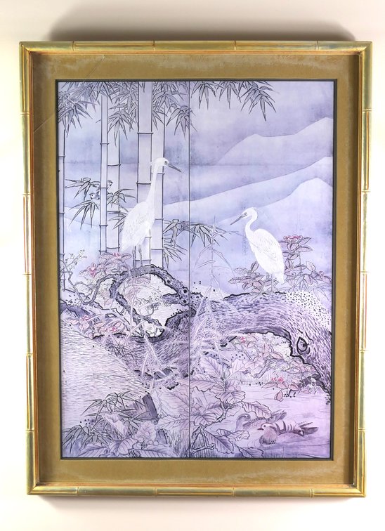 Asian Style Diptych Print "Egrets in Snow"