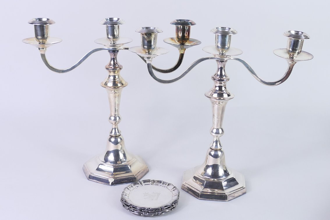 Silverplate Candelabras and Coasters