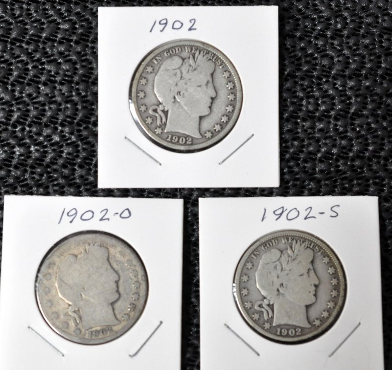 (3) 1902-P,O,S Barber Half Dollars