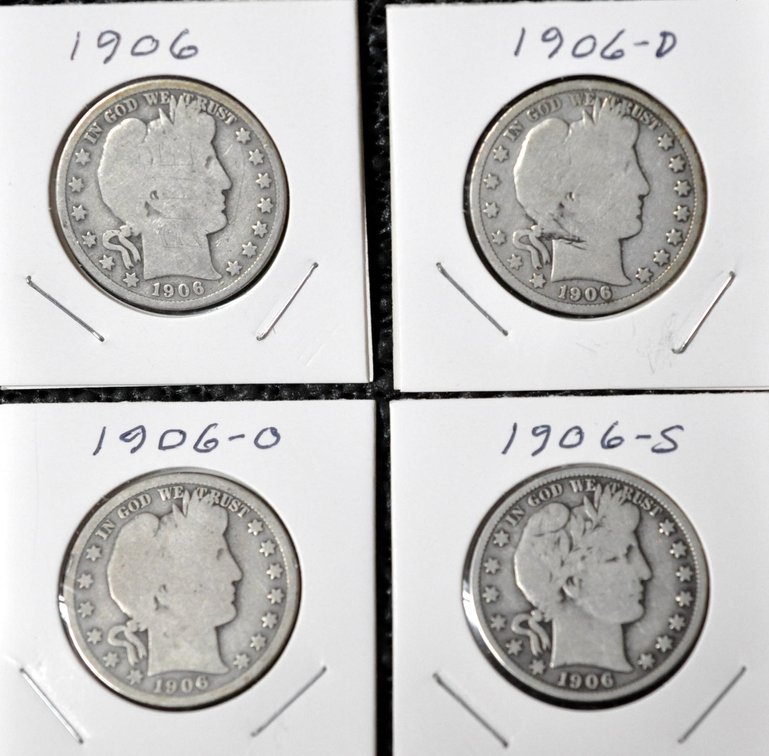 (4) 1906-P,D,O,S Barber Half Dollars