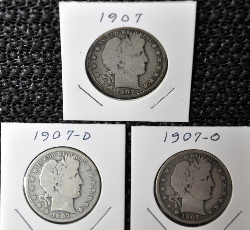 (3) 1907-P,D,O Barber Half Dollars