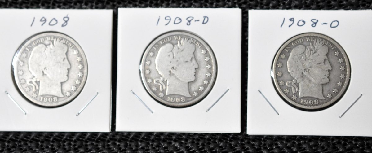 (3) 1908-P,D,O Barber Half Dollars