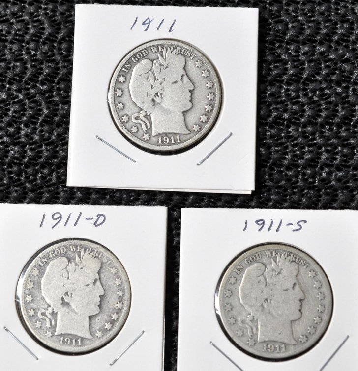 (3) 1911-P,D,S Barber Half Dollars
