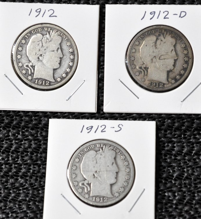 (3) 1912-P,D,S Barber Half Dollars